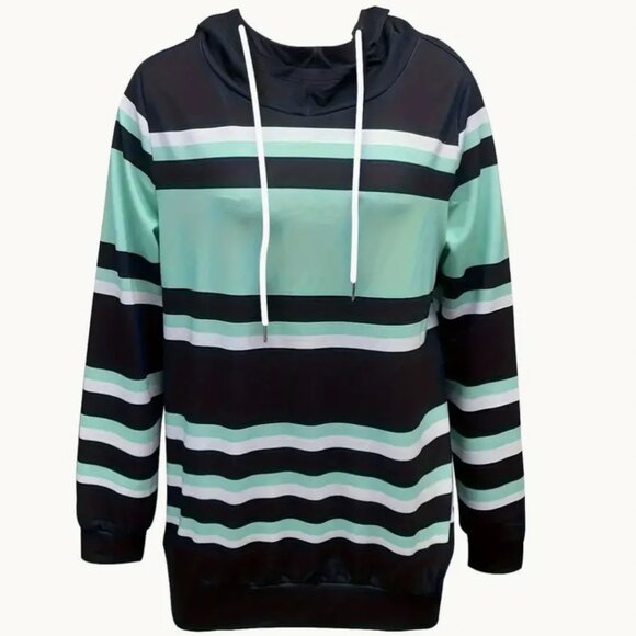 Small Color Block Striped Print Hoodie Casual Long Sleeve Drawstring Hoodies - Picture 2 of 3